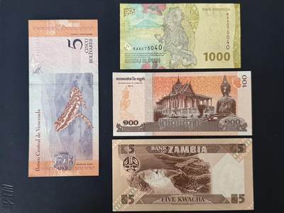 外币专场，全场0佣金，一项起包邮，第20260426  【乾奕收藏】亚洲非洲美洲国家纸币一组，包含委内瑞拉，印尼，柬埔寨，赞比亚