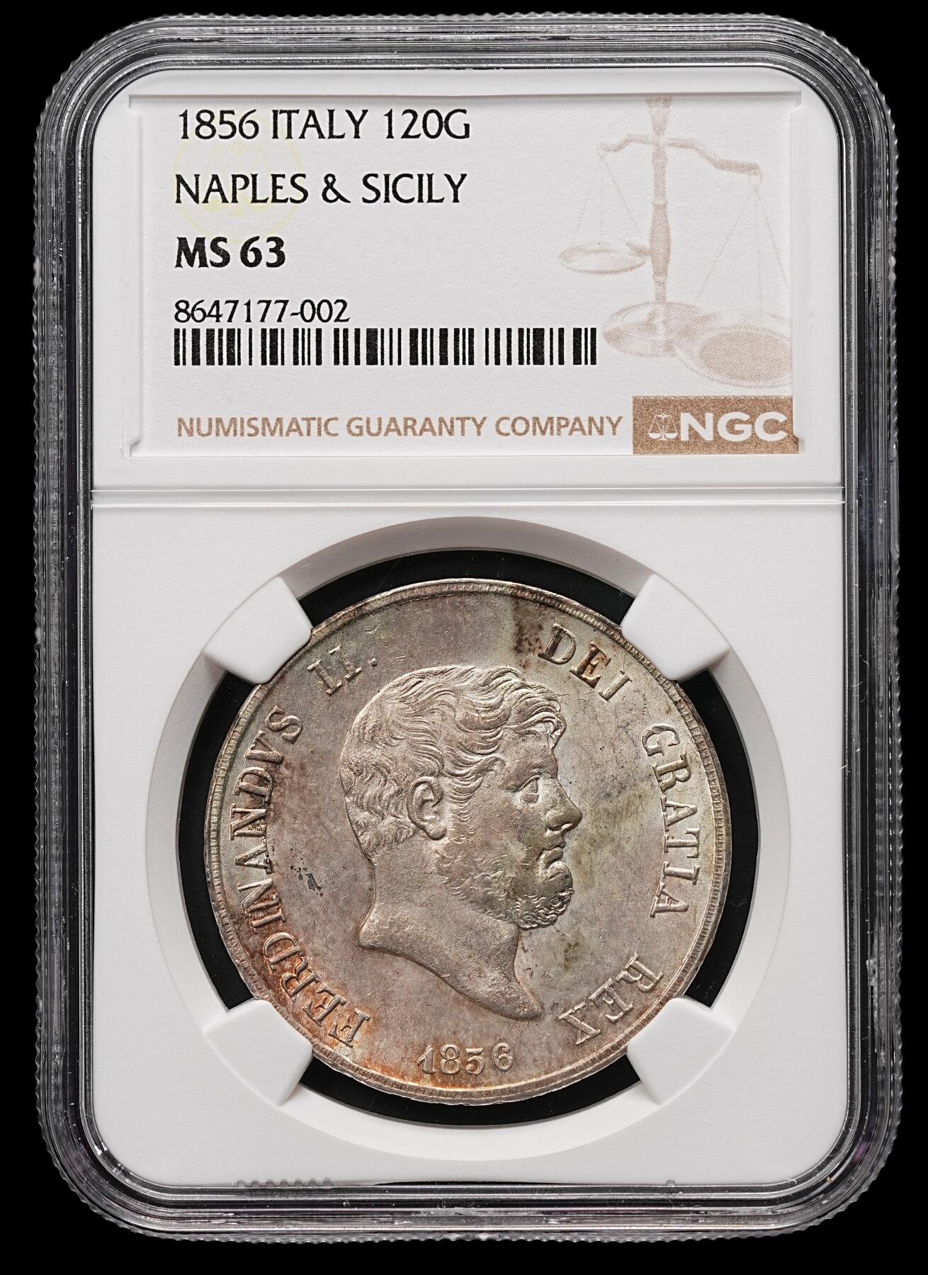 修遠堂世界钱币第112期 NGC MS63 1856年那不勒斯与西西里王国120 Grana大银币