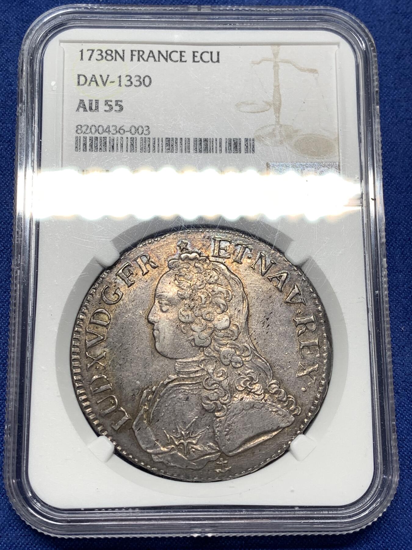 《竞宝斋》第481场 周日，周一 2场连拍 （全场包邮）20级店铺 欢迎送拍 唯一冠军分 NGC AU55 法国路易十五1738N埃居大银币 青年版背橄榄枝，1738年N厂 Montpellier 铸造，少见小厂唯一评级记录。状态很好细节拉满。