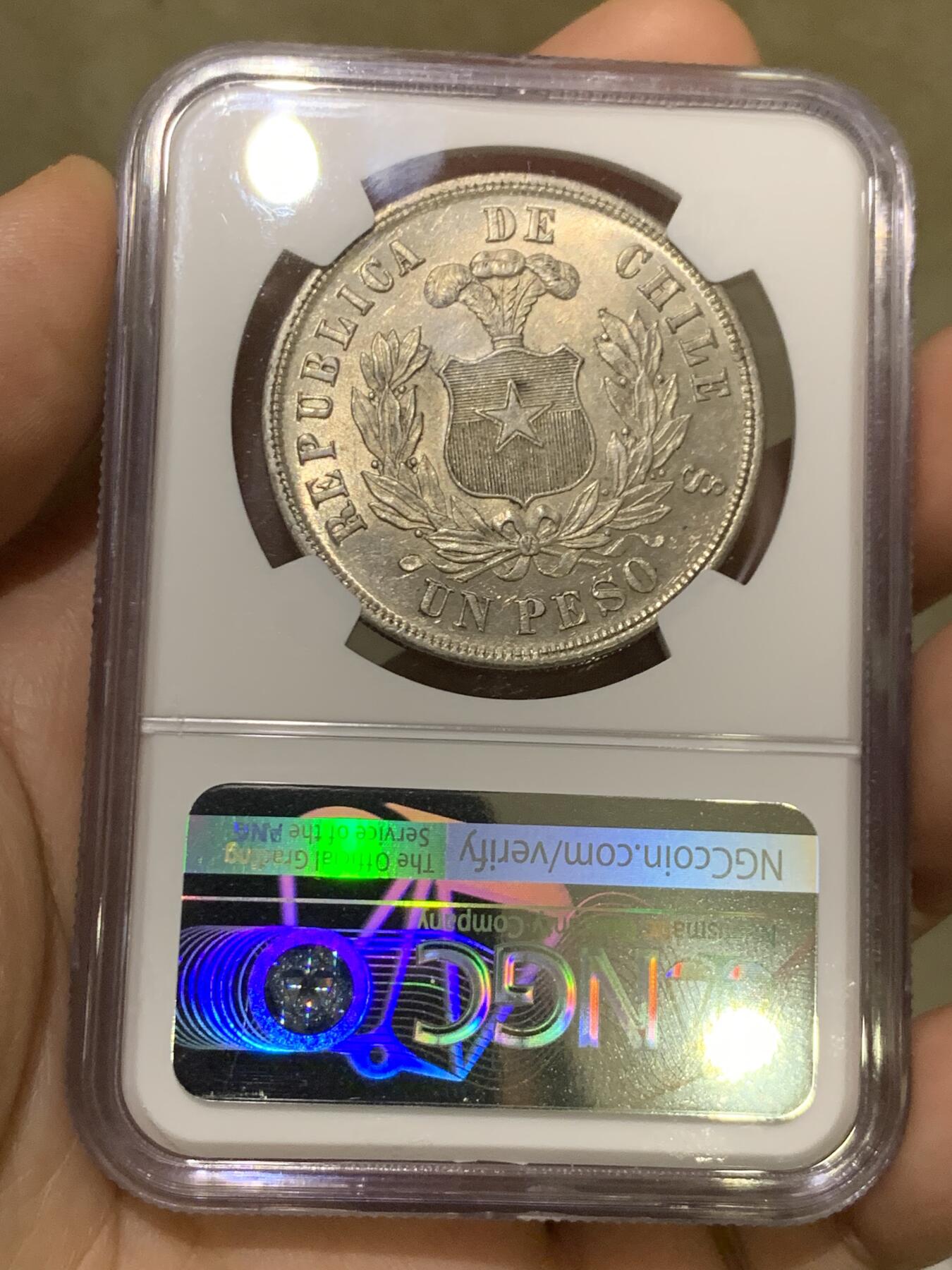 《竞宝斋》第481场 周日，周一 2场连拍 （全场包邮）20级店铺 欢迎送拍 NGC MS63 智利1882年1比索大银币