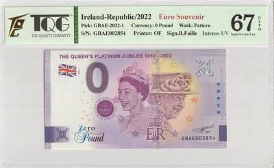 PThappally收藏第57次拍卖，英联邦地区硬币纸币 爱尔兰共和国 2022 欧元纪念币 伊丽莎白二世白金庆典 零欧元 TQG 67 GEPQ Superb Gem UNC