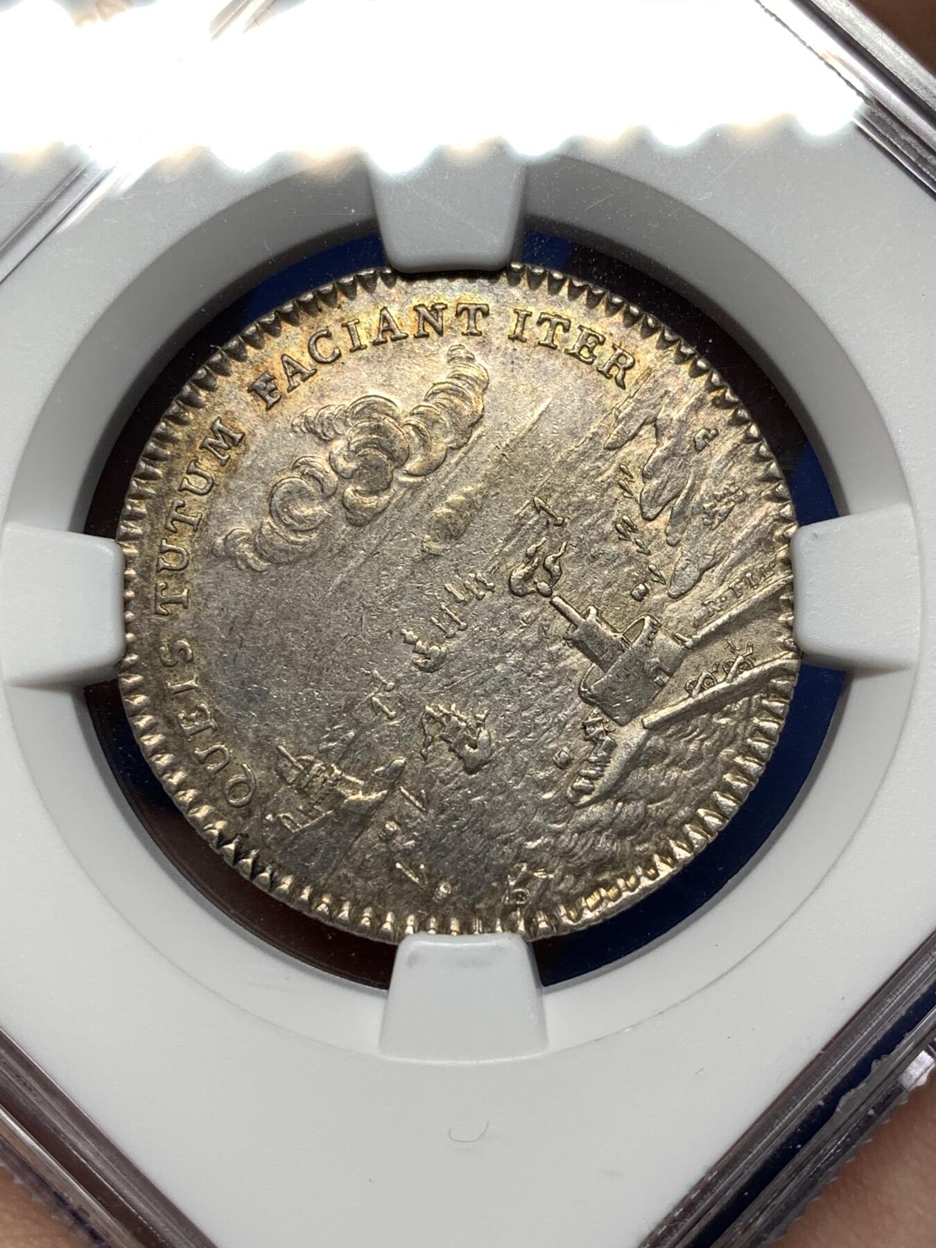 《竞宝斋》第481场 周日，周一 2场连拍 （全场包邮）20级店铺 欢迎送拍 NGC AU58 法国1761年皮卡迪商会银质代币，29mm，唯一季军分，更高分仅2枚，币面景观与徽盾极美