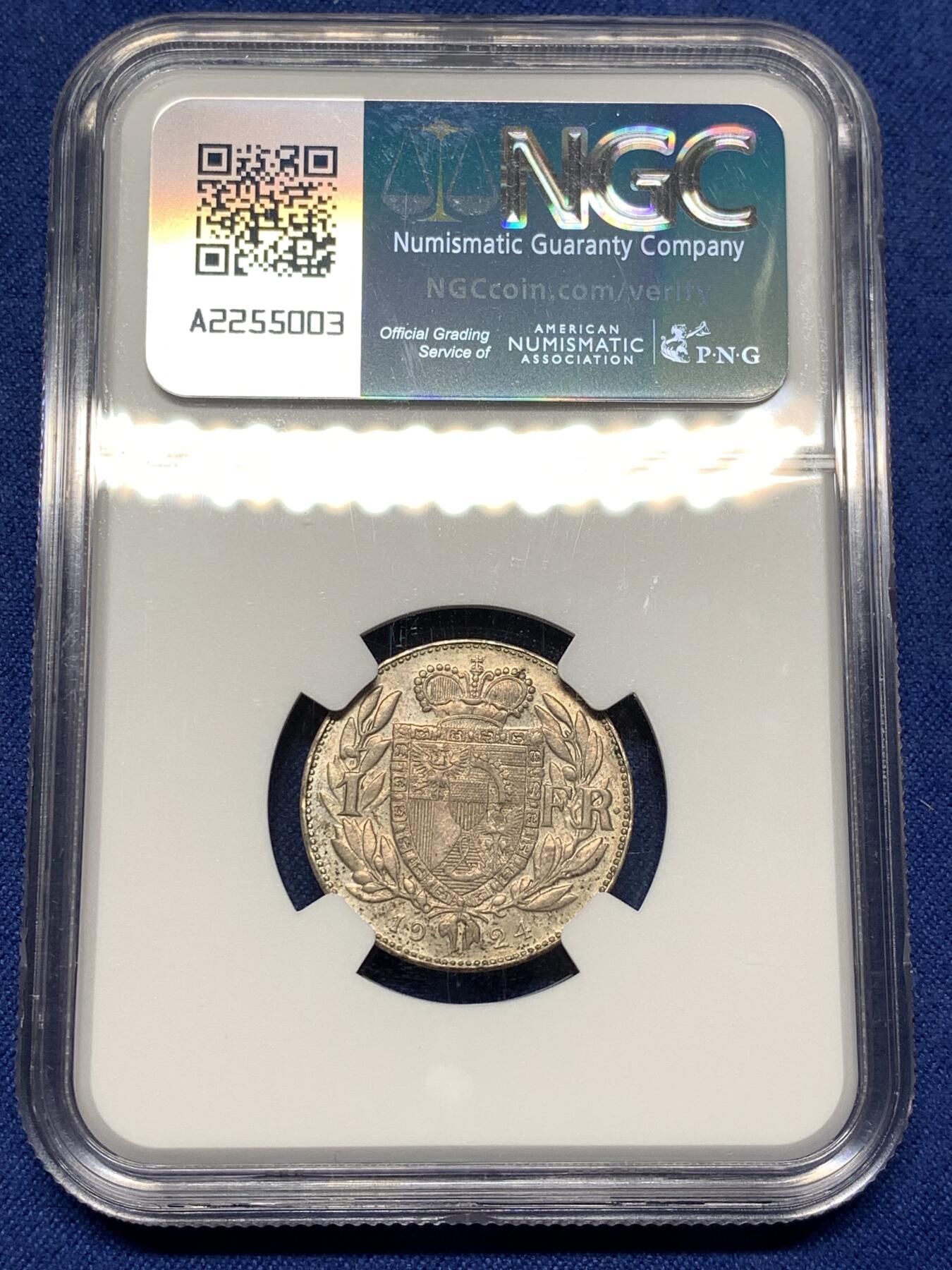 《竞宝斋》第481场 周日，周一 2场连拍 （全场包邮）20级店铺 欢迎送拍 NGC MS62 列支敦士登1924年1法郎，独年发行 郎版比克朗版少得多 细节漂亮，分数不错 仅6万的发行量