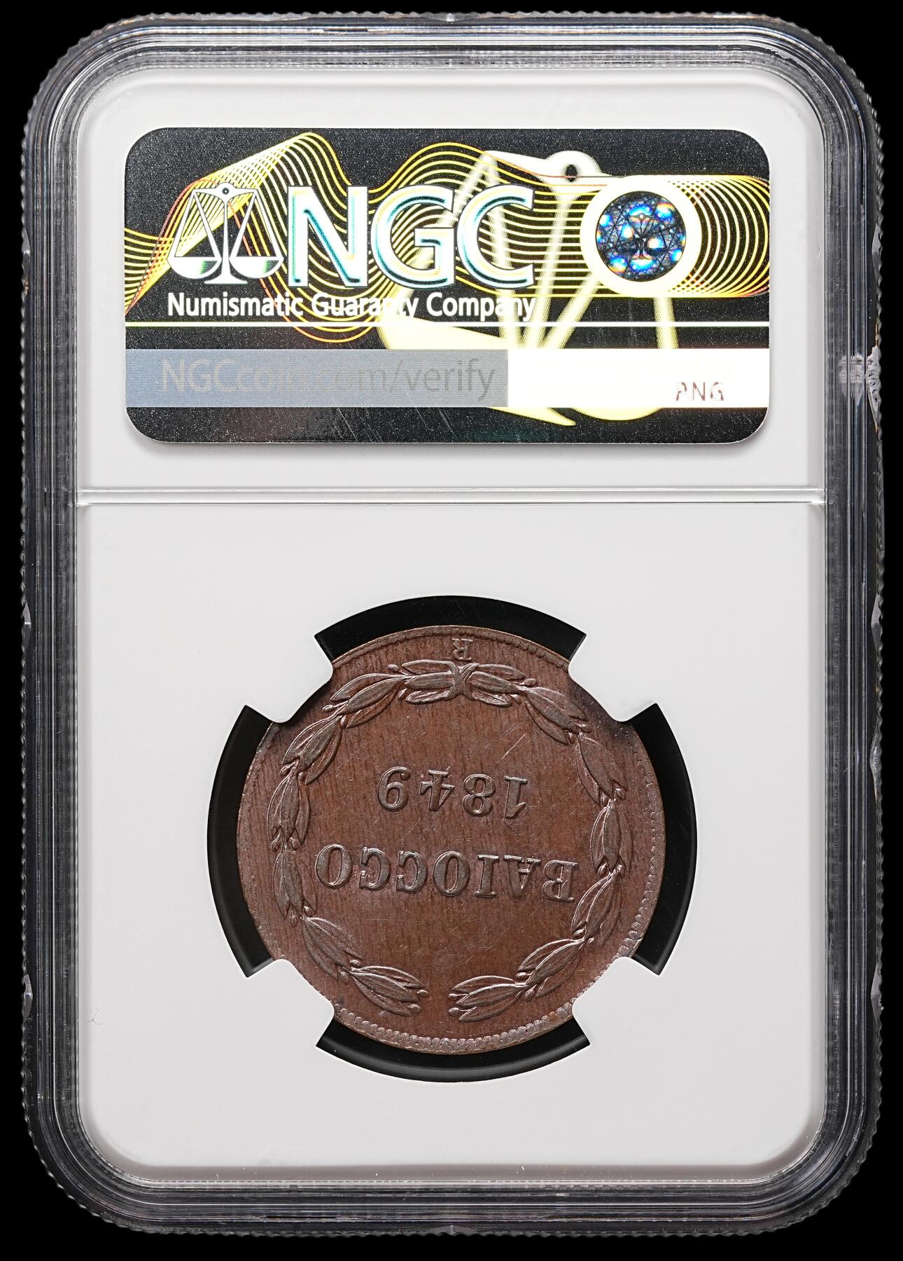 修遠堂世界钱币第112期 NGC MS64BN 1849年教皇国1 Baiocco 铜币