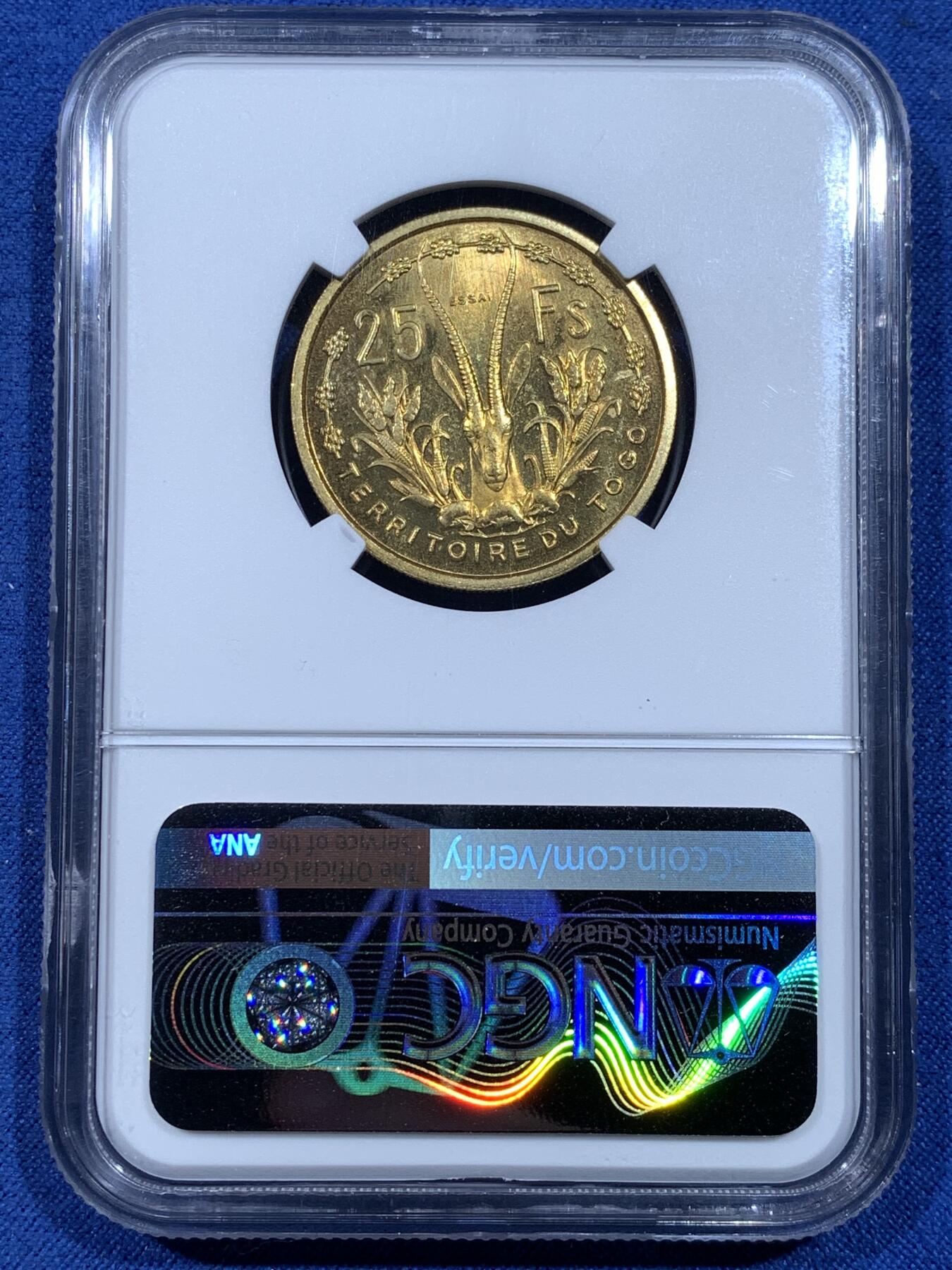 《竞宝斋》第481场 周日，周一 2场连拍 （全场包邮）20级店铺 欢迎送拍 三枚一组 NGC MS64-65 法属多哥 1956年 5/10/25法郎 ESSAI样币 统一高分状态