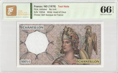 PThappally收藏第57次拍卖，英联邦地区硬币纸币 法国，1978 ECHANTILLON 测试票 注意水印：宙斯头像 TQG 66 GEPQ Gem UNC