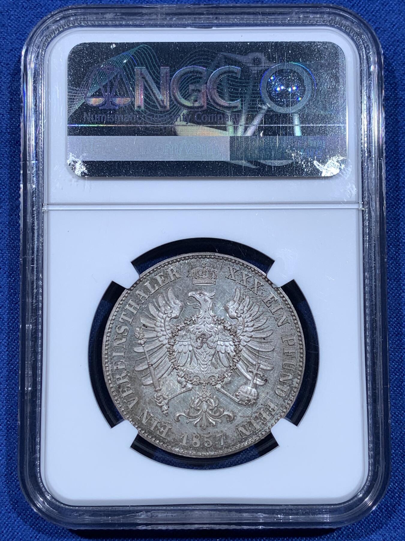 《竞宝斋》第481场 周日，周一 2场连拍 （全场包邮）20级店铺 欢迎送拍 唯一亚军分 NGC PF63CAMEO 德国1857A普鲁士威廉四世-洋葱头1泰勒离冠鹰银币 更高分仅1枚