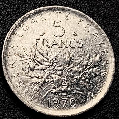 泉币菌-第229场-拍品多 请提前出价 1970年 法国5法郎 直径29mm 播种少女