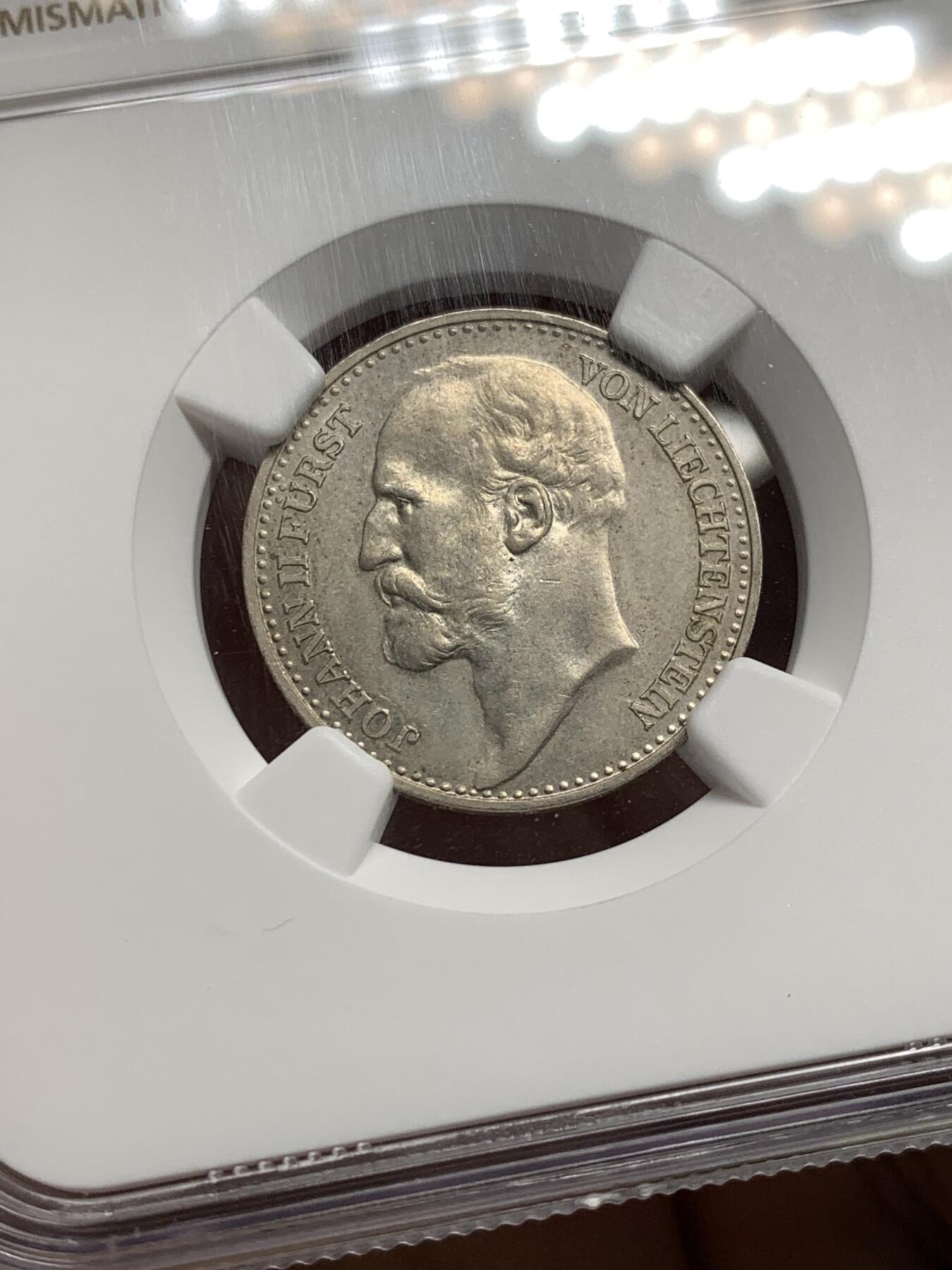 《竞宝斋》第481场 周日，周一 2场连拍 （全场包邮）20级店铺 欢迎送拍 NGC MS62 列支敦士登1924年1法郎，独年发行 郎版比克朗版少得多 细节漂亮，分数不错 仅6万的发行量