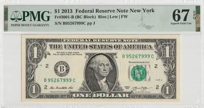 PThappally收藏第57次拍卖，英联邦地区硬币纸币 美国，2013年纽约版1美元，编号3001B PMG 67 EPQ Superb Gem UNC