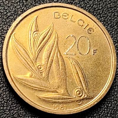 泉币菌-第229场-拍品多 请提前出价 铜光美品 比利时1981年20法郎 博杜安一世国王 荷兰版 镍青铜币 25.53mm