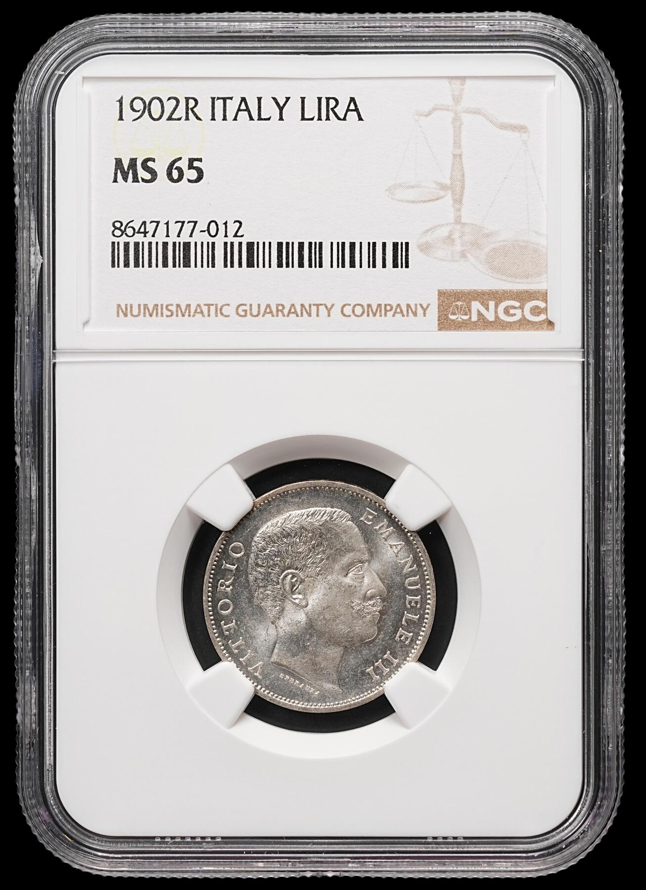 修遠堂世界钱币第112期 NGC MS65 1902年意大利1里拉银币,收藏级状态