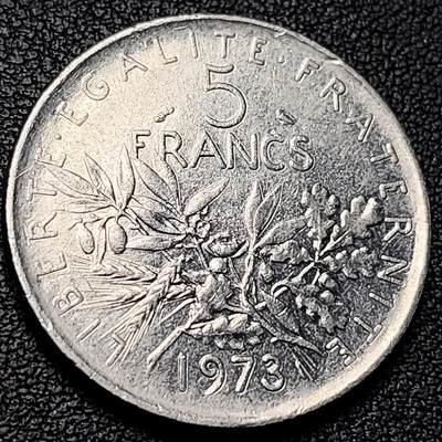 泉币菌-第229场-拍品多 请提前出价 法国早期（1973年）5法郎大镍币 29MM 播种女神 入欧前末版 绝版币