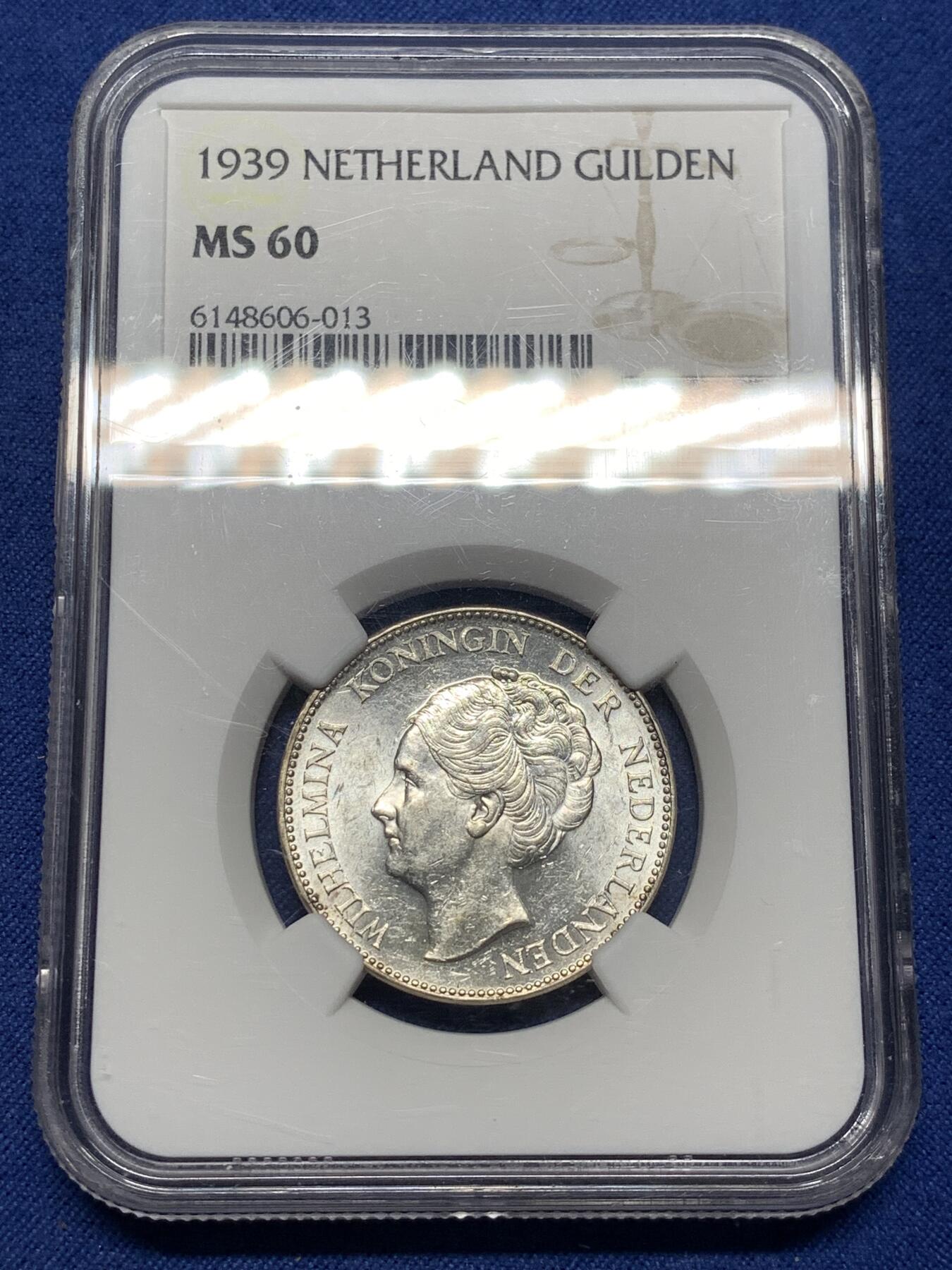 《竞宝斋》第481场 周日，周一 2场连拍 （全场包邮）20级店铺 欢迎送拍 NGC MS60 荷兰1939年1盾银币 好品稀少