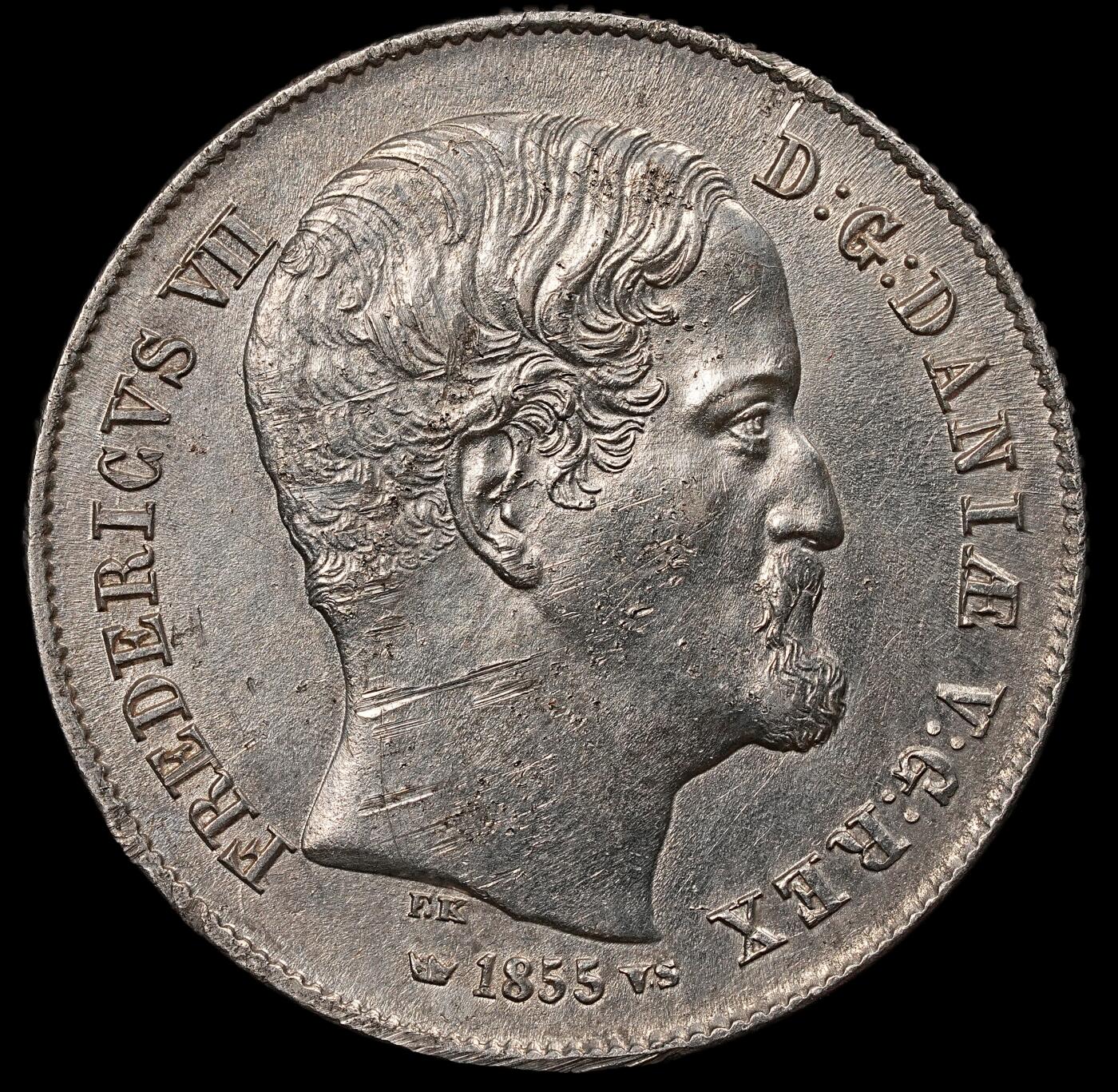 修遠堂世界钱币第112期 1855年丹麦国王弗雷德里克七世（Frederik VII） 1/2 里格斯达勒（Rigsdaler）银币，7.17g