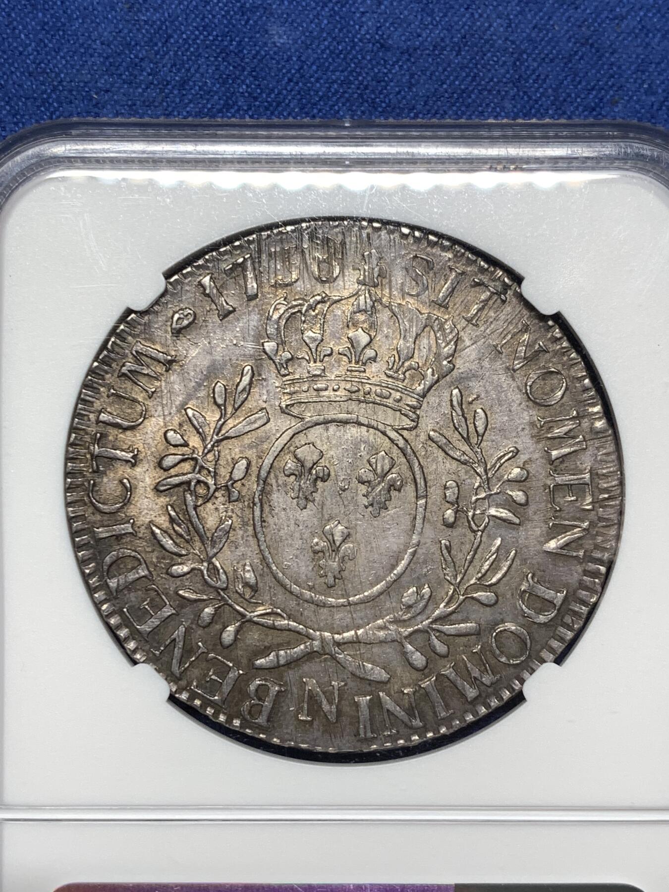 《竞宝斋》第481场 周日，周一 2场连拍 （全场包邮）20级店铺 欢迎送拍 唯一冠军分 NGC AU55 法国路易十五1738N埃居大银币 青年版背橄榄枝，1738年N厂 Montpellier 铸造，少见小厂唯一评级记录。状态很好细节拉满。