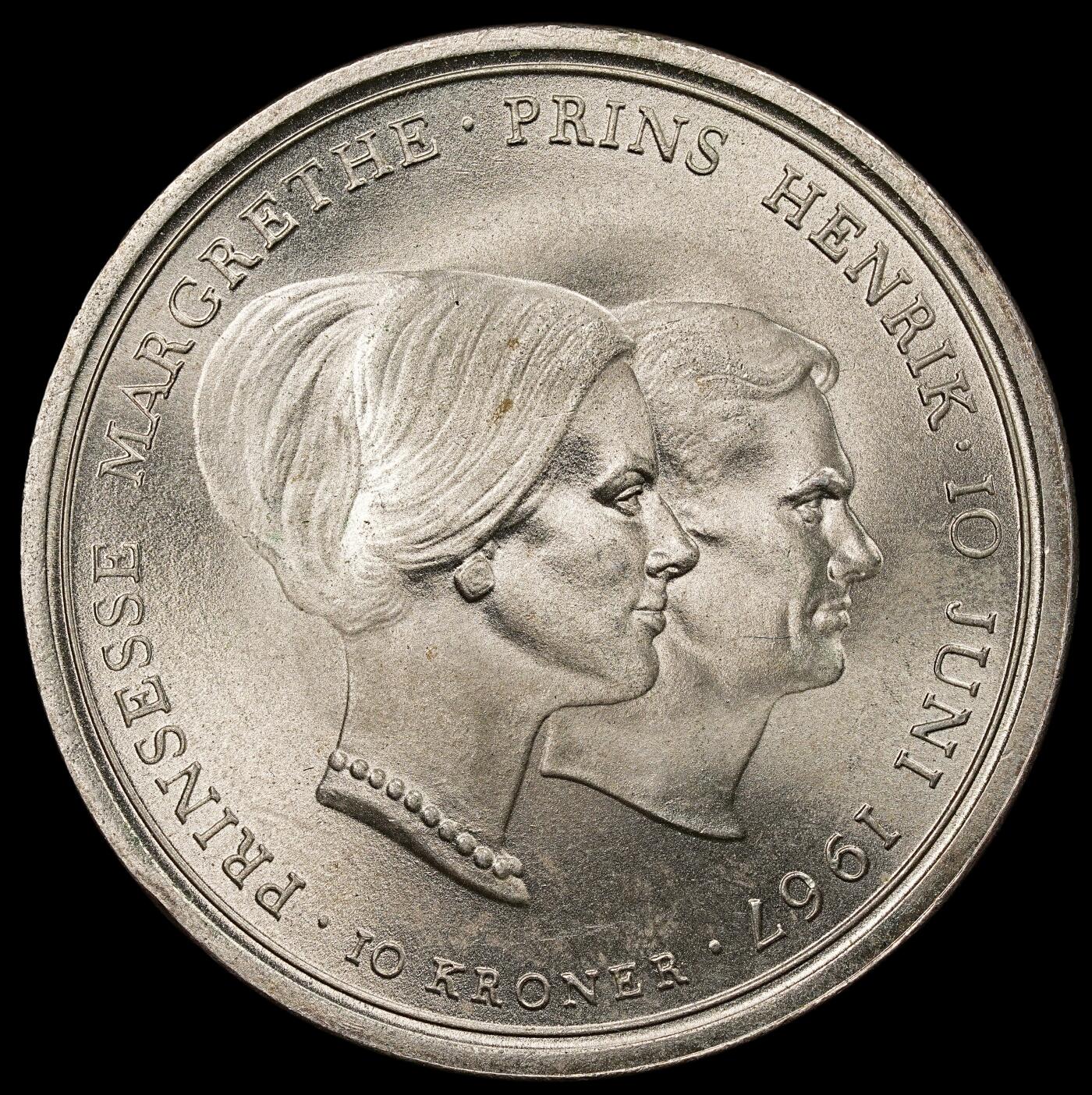 修遠堂世界钱币第112期 1967年丹麦玛格丽特公主结婚纪念10克朗银币 20.40g，含银80%