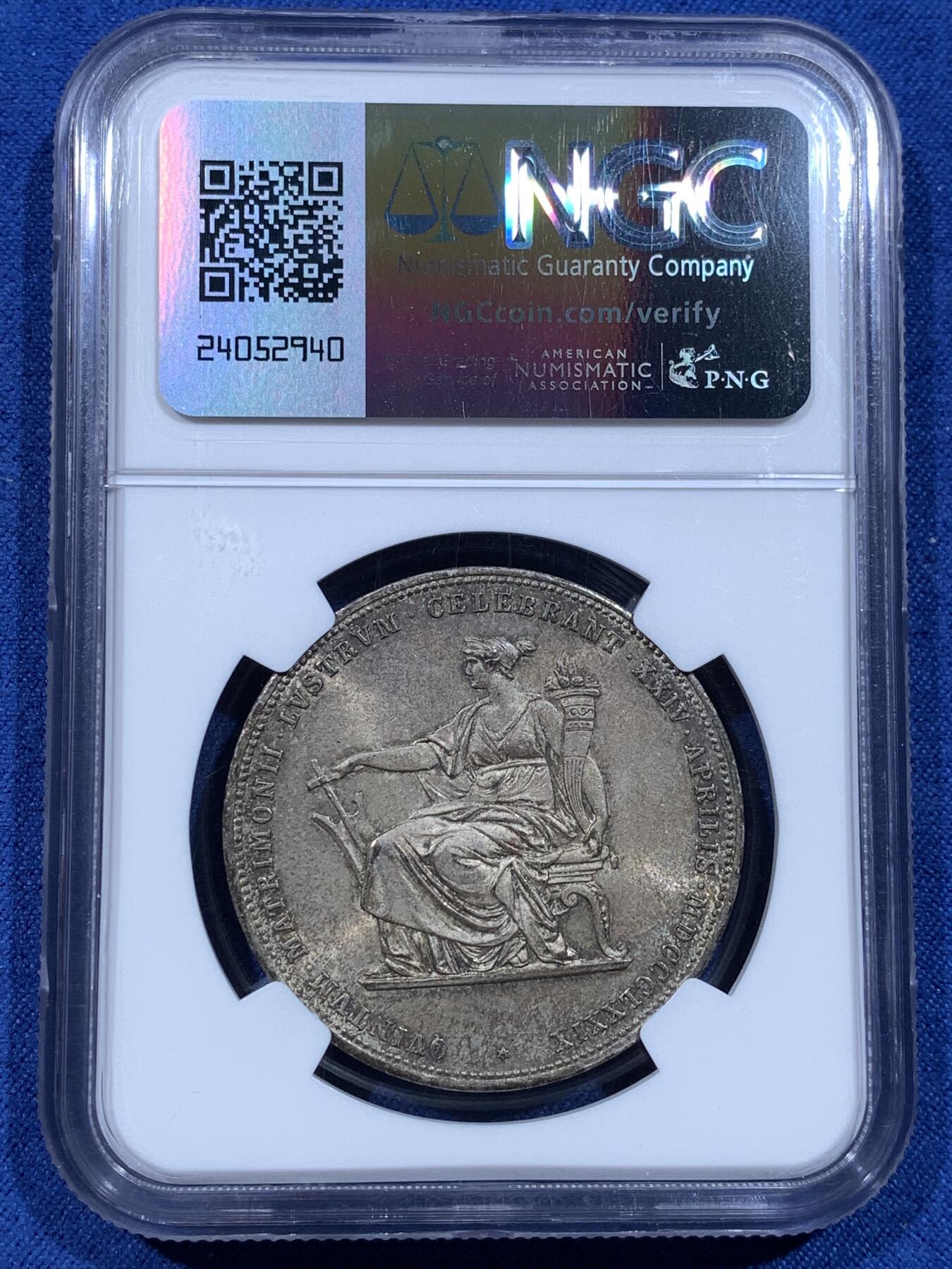 《竞宝斋》第481场 周日，周一 2场连拍 （全场包邮）20级店铺 欢迎送拍 亚军分 NGC MS65 奥匈帝国 1879年 弗朗茨一世和茜茜公主银婚纪念 2弗洛林泰勒型大银币 双面深彩包浆 高分确实不容易