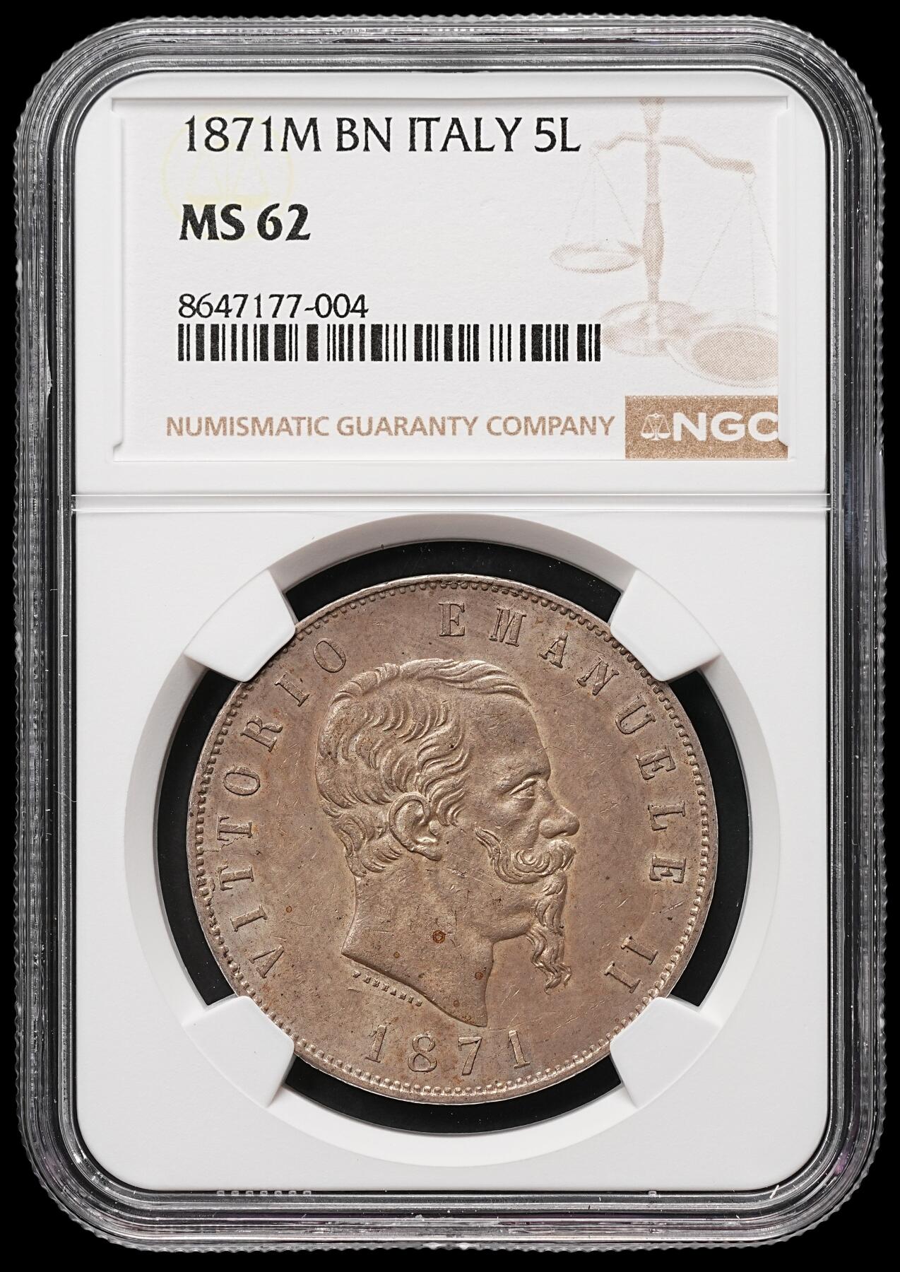 修遠堂世界钱币第112期 NGC MS62 1871年意大利5里拉大银币