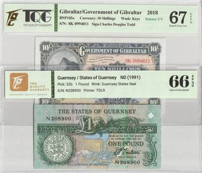 PThappally收藏第57次拍卖，英联邦地区硬币纸币 直布罗陀，2018年10先令 & 根西岛，1991年1英镑 TQG 66 EPQD and TQG 67 GEPQ Superb Gem UNC