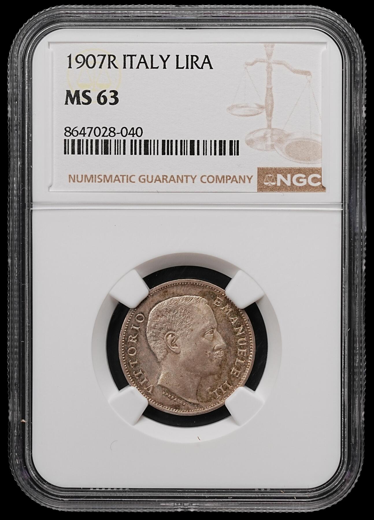 修遠堂世界钱币第112期 NGC MS63 1907年意大利1里拉银币，纸袋包浆，上期拍品，被鸽重拍