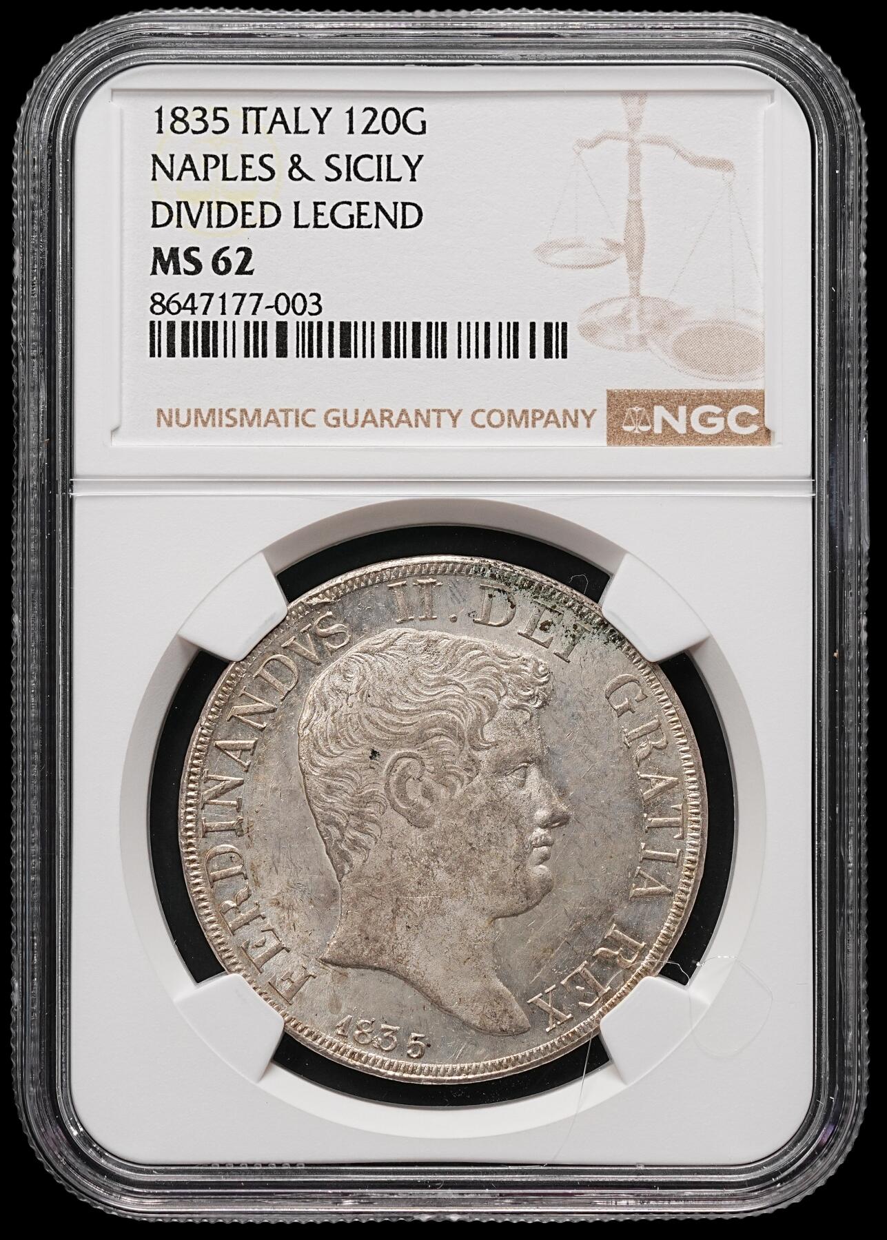修遠堂世界钱币第112期 NGC MS62 1835年那不勒斯与西西里王国120 Grana大银币