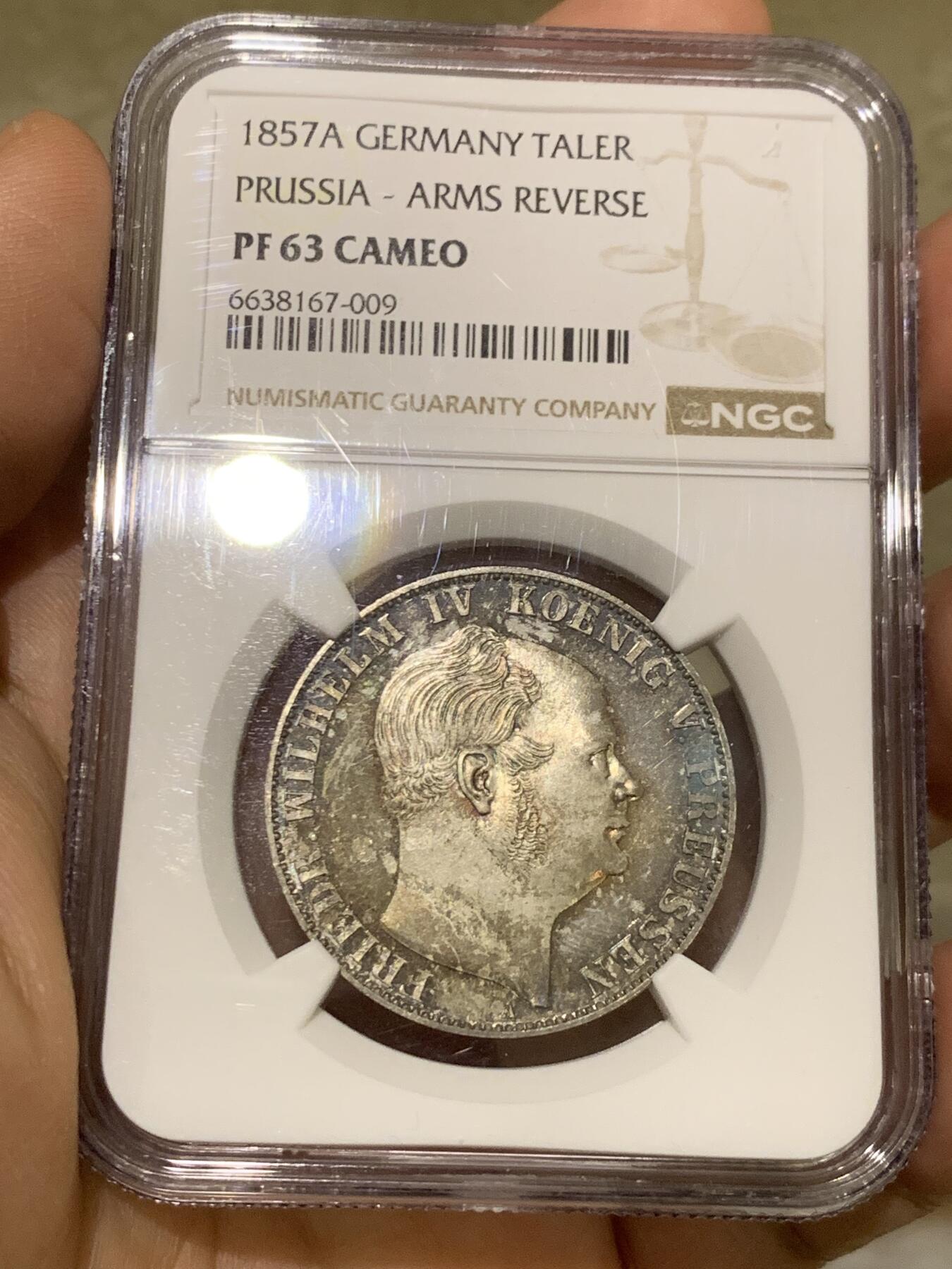 《竞宝斋》第481场 周日，周一 2场连拍 （全场包邮）20级店铺 欢迎送拍 唯一亚军分 NGC PF63CAMEO 德国1857A普鲁士威廉四世-洋葱头1泰勒离冠鹰银币 更高分仅1枚