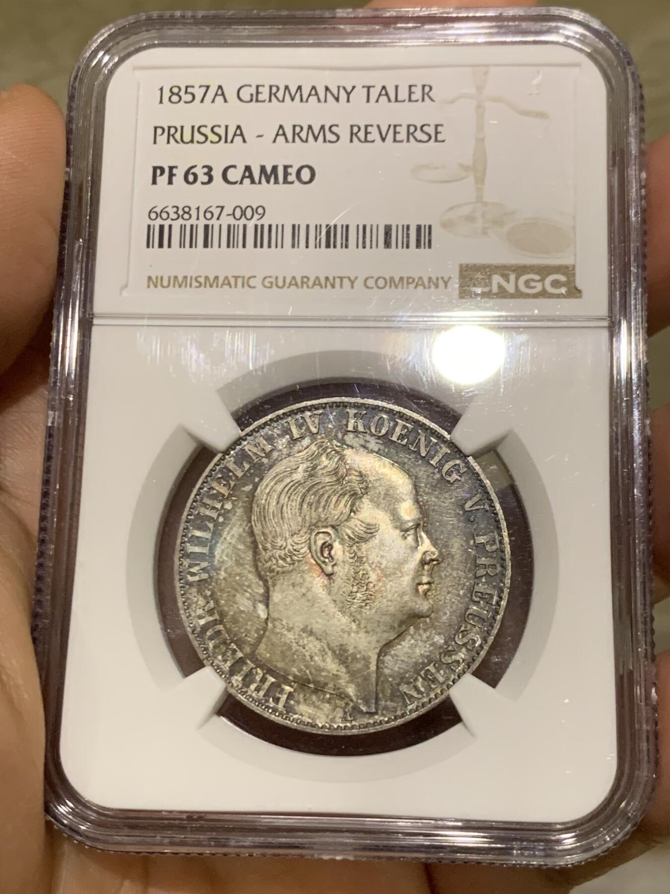 《竞宝斋》第481场 周日，周一 2场连拍 （全场包邮）20级店铺 欢迎送拍 唯一亚军分 NGC PF63CAMEO 德国1857A普鲁士威廉四世-洋葱头1泰勒离冠鹰银币 更高分仅1枚