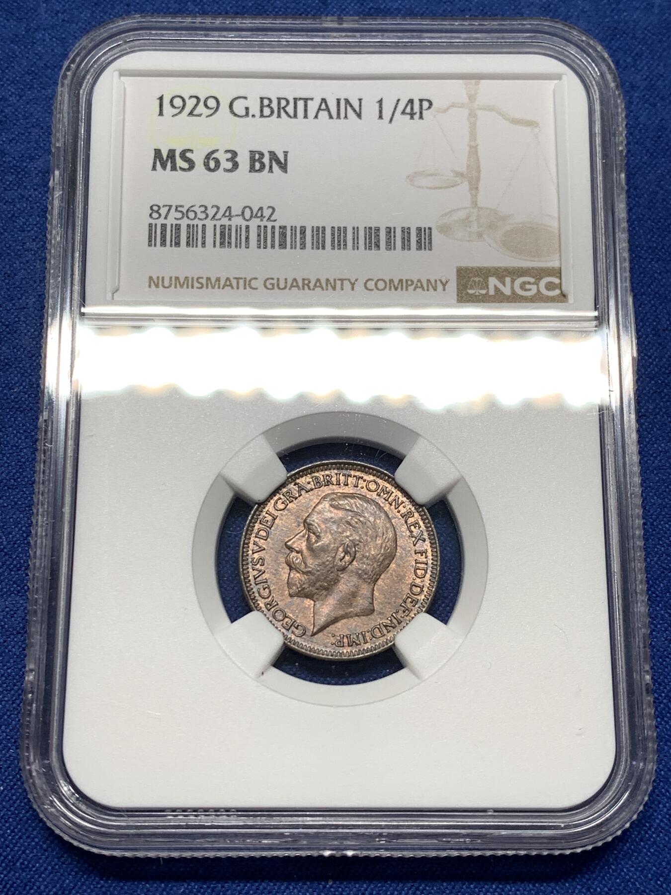 《竞宝斋》第481场 周日，周一 2场连拍 （全场包邮）20级店铺 欢迎送拍 NGC MS63BN 英国1929乔五1/4便士1法新 较为少见的年份，币面观感很好的一枚，近RB状态。亚军分 