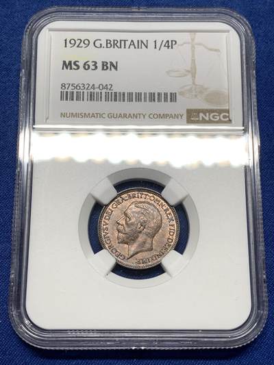 《竞宝斋》第481场 周日，周一 2场连拍 （全场包邮）20级店铺 欢迎送拍 - NGC MS63BN 英国1929乔五1/4便士1法新 较为少见的年份，币面观感很好的一枚，近RB状态。亚军分 