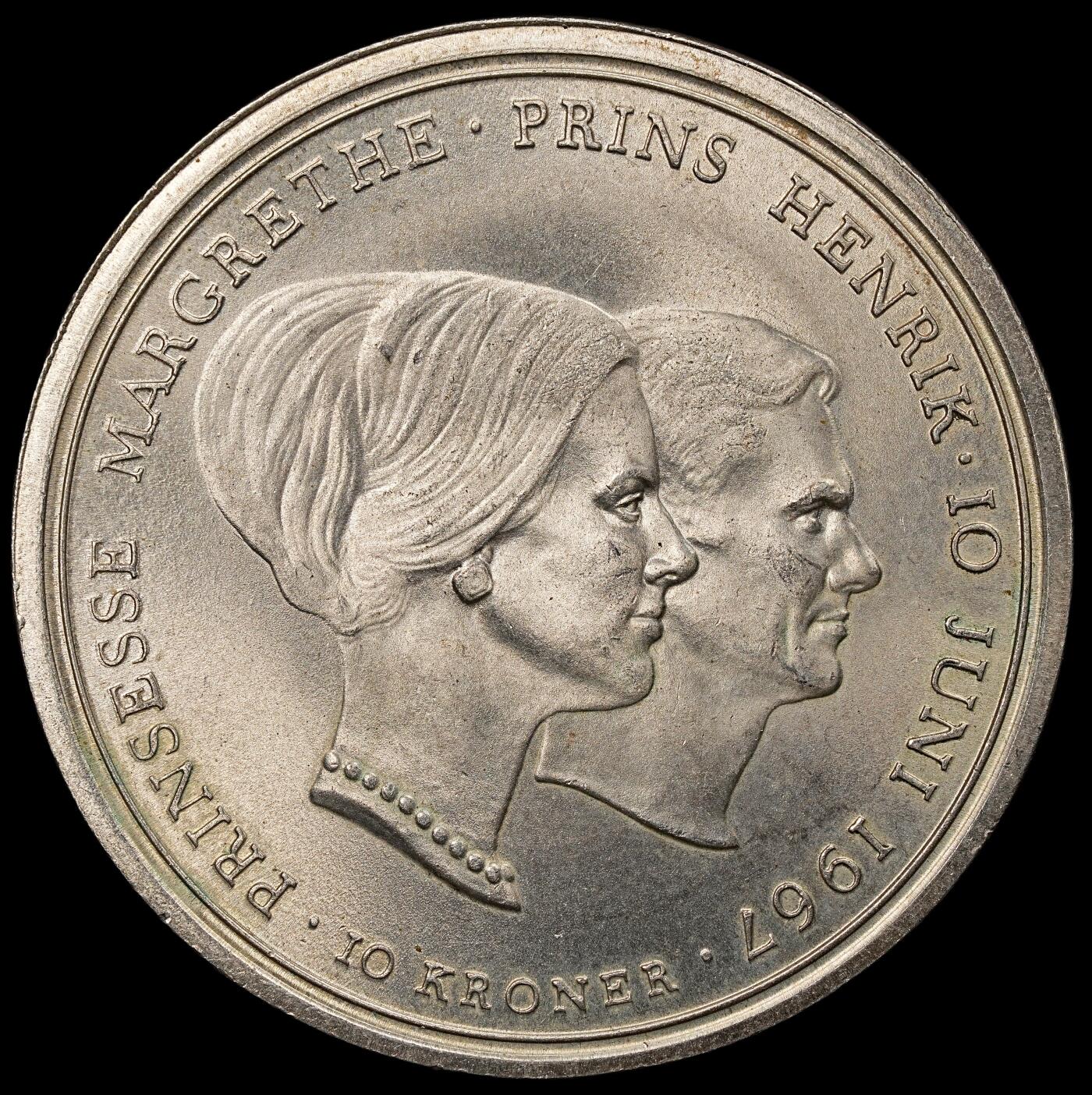 修遠堂世界钱币第112期 1967年丹麦玛格丽特公主结婚纪念10克朗银币 20.40g，含银80%