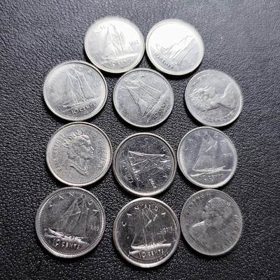 泉币菌-第228场-三月三 上巳节专场 拍品多 请提前出价 - 11枚高币值一组 加拿大10分镍币 帆船 伊丽莎白二世 混合年份未挑