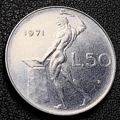 泉币菌-第229场-拍品多 请提前出价 意大利 1971年 50里拉 锻冶之神 伍尔坎 24mm