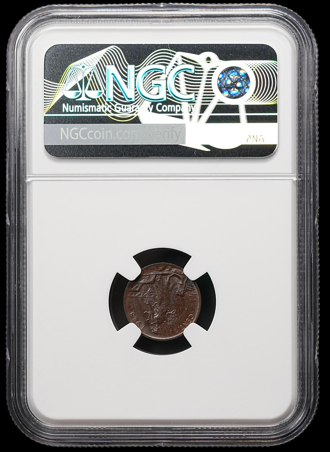 修遠堂世界钱币第112期 NGC MS65BN 1918年意大利1分铜币，稀少的年份，特年，唯一冠军分