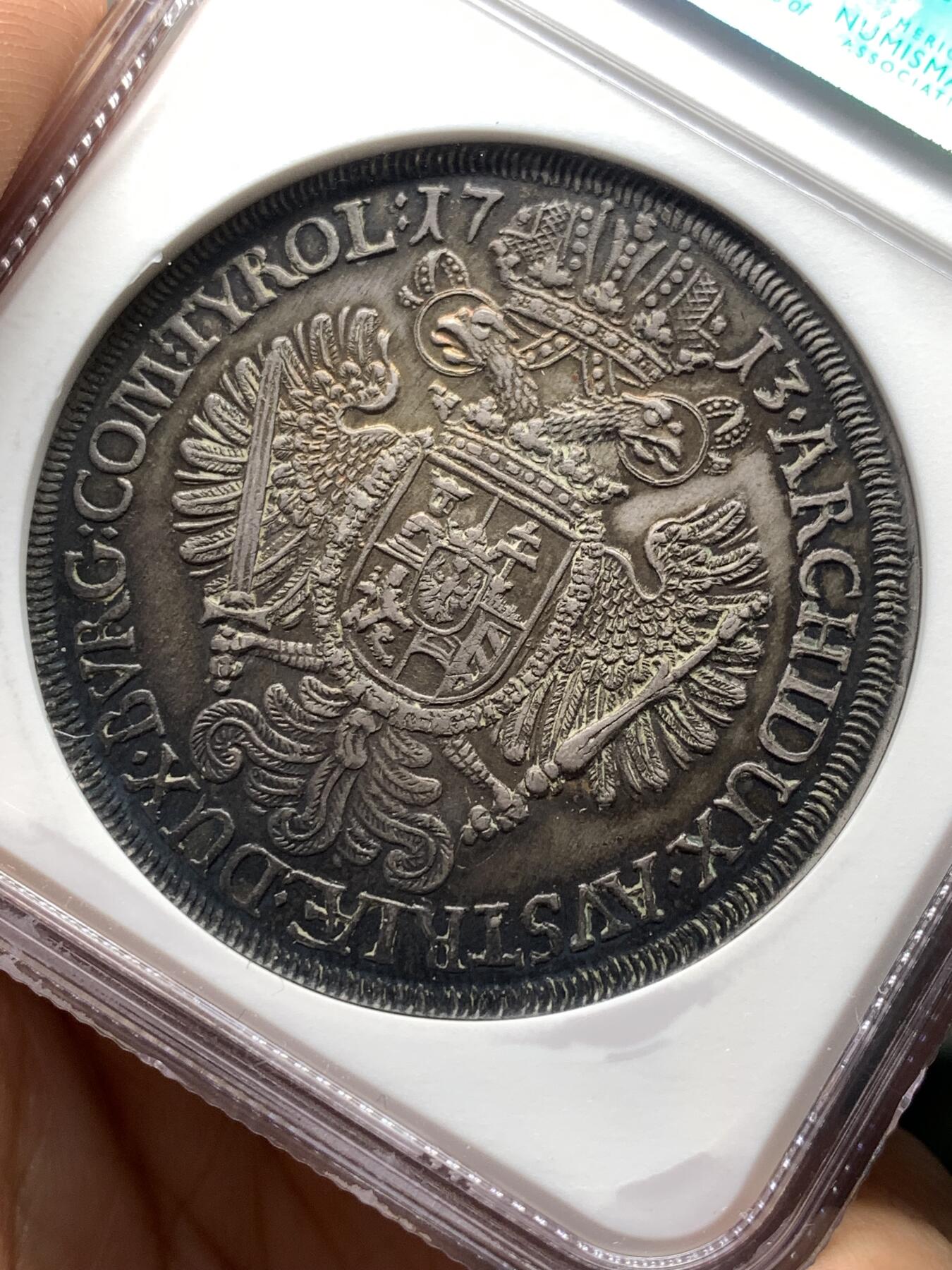 《竞宝斋》第481场 周日，周一 2场连拍 （全场包邮）20级店铺 欢迎送拍 NGC MS61 神圣罗马帝国1713年卡尔六世双头鹰大泰勒 超绝大波浪 原味深五彩包浆 疑似低评