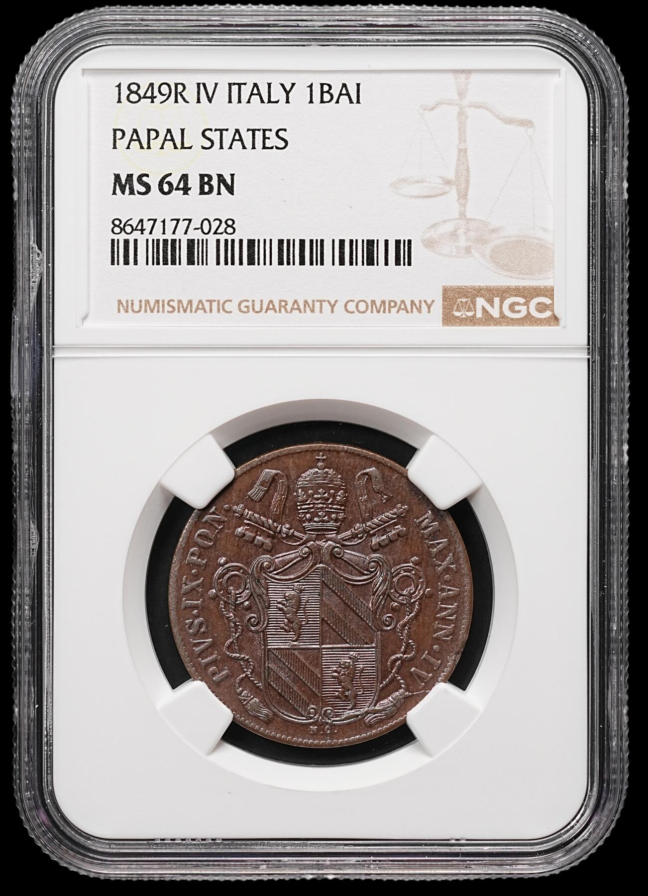 修遠堂世界钱币第112期 NGC MS64BN 1849年教皇国1 Baiocco 铜币
