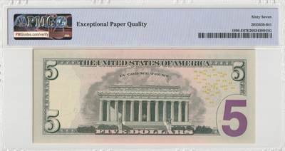 PThappally收藏第57次拍卖，英联邦地区硬币纸币 美国，2013年里士满发行，5美元，FR-1996E PMG 67 EPQ Superb Gem UNC