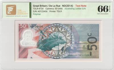 PThappally收藏第57次拍卖，英联邦地区硬币纸币 大不列颠，2014年De La Rue测试票，带升梯序列号A0123456 TQG 66 GEPQ Gem UNC