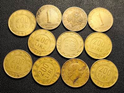 泉币菌-第229场-拍品多 请提前出价 11枚一组 意大利200里拉铜币 25mm9枚 ➕3枚奥地利1先令铜币 雪绒花 24mm混合年份