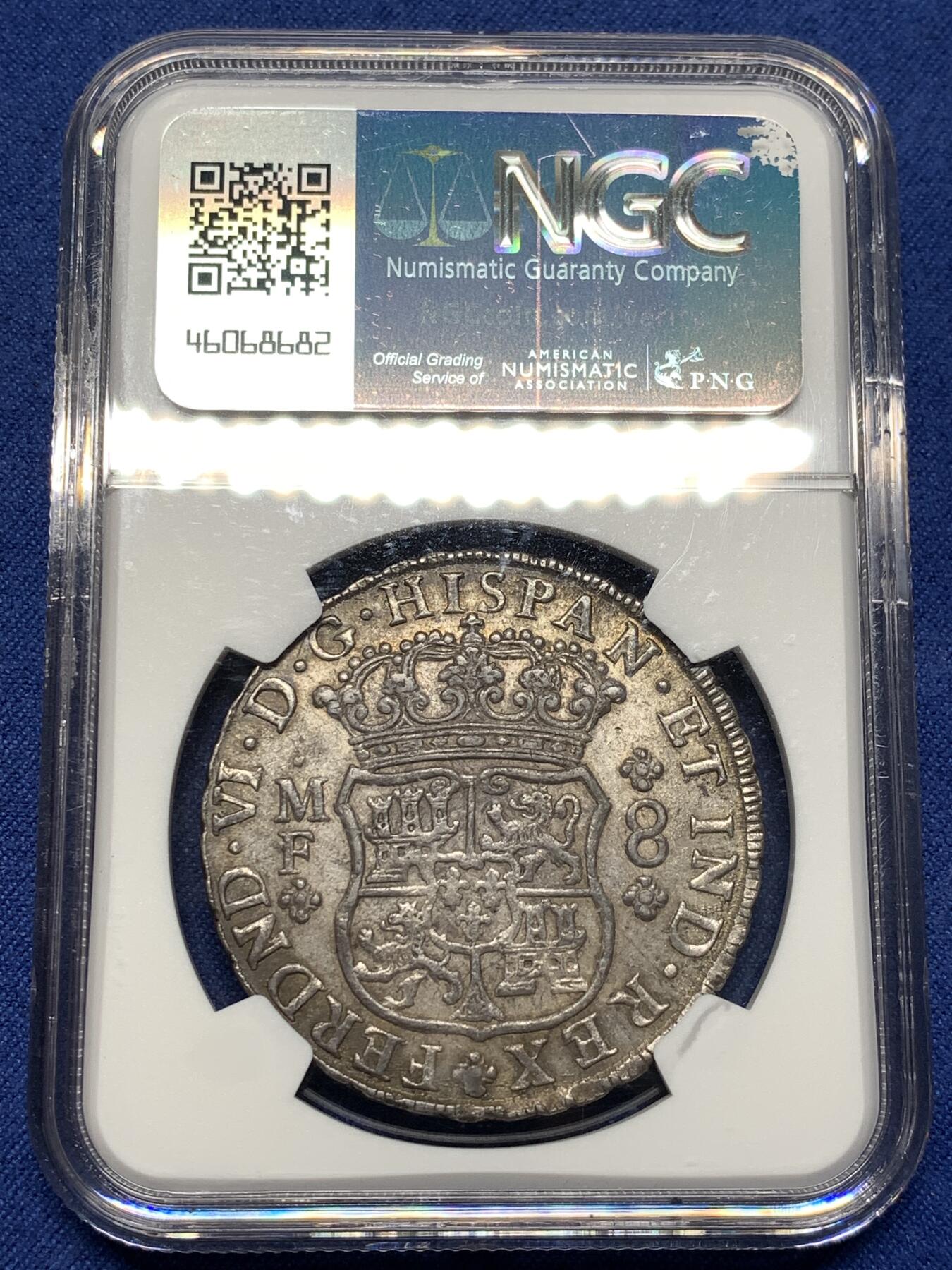 《竞宝斋》第481场 周日，周一 2场连拍 （全场包邮）20级店铺 欢迎送拍 NGC AU55 西属墨西哥1747年费尔南多六世 Mo MF版 8里亚尔 地球双柱 大银币 老包浆 味道佳