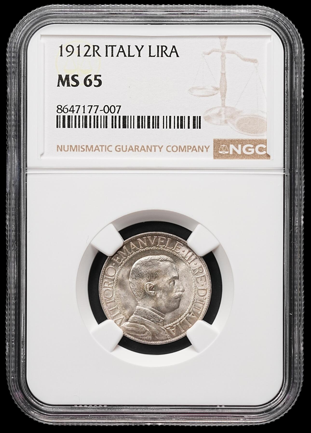 修遠堂世界钱币第112期 NGC MS65 1912年意大利圈版马车1里拉银币，收藏级状态，较少见的年份
