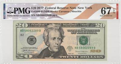 PThappally收藏第57次拍卖，英联邦地区硬币纸币 美国，2017年纽约发行 20 美元 RF-2099B PMG 67 EPQ Superb Gem UNC