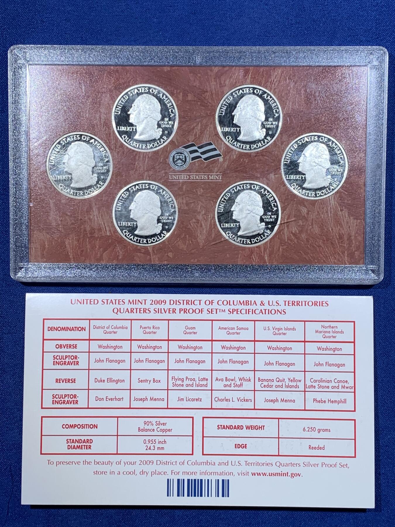 《竞宝斋》第481场 周日，周一 2场连拍 （全场包邮）20级店铺 欢迎送拍 2009年美国25分精制套币，包含6枚25分银币(背面是少见的6个美国海外属地)，含纯银33.75克。