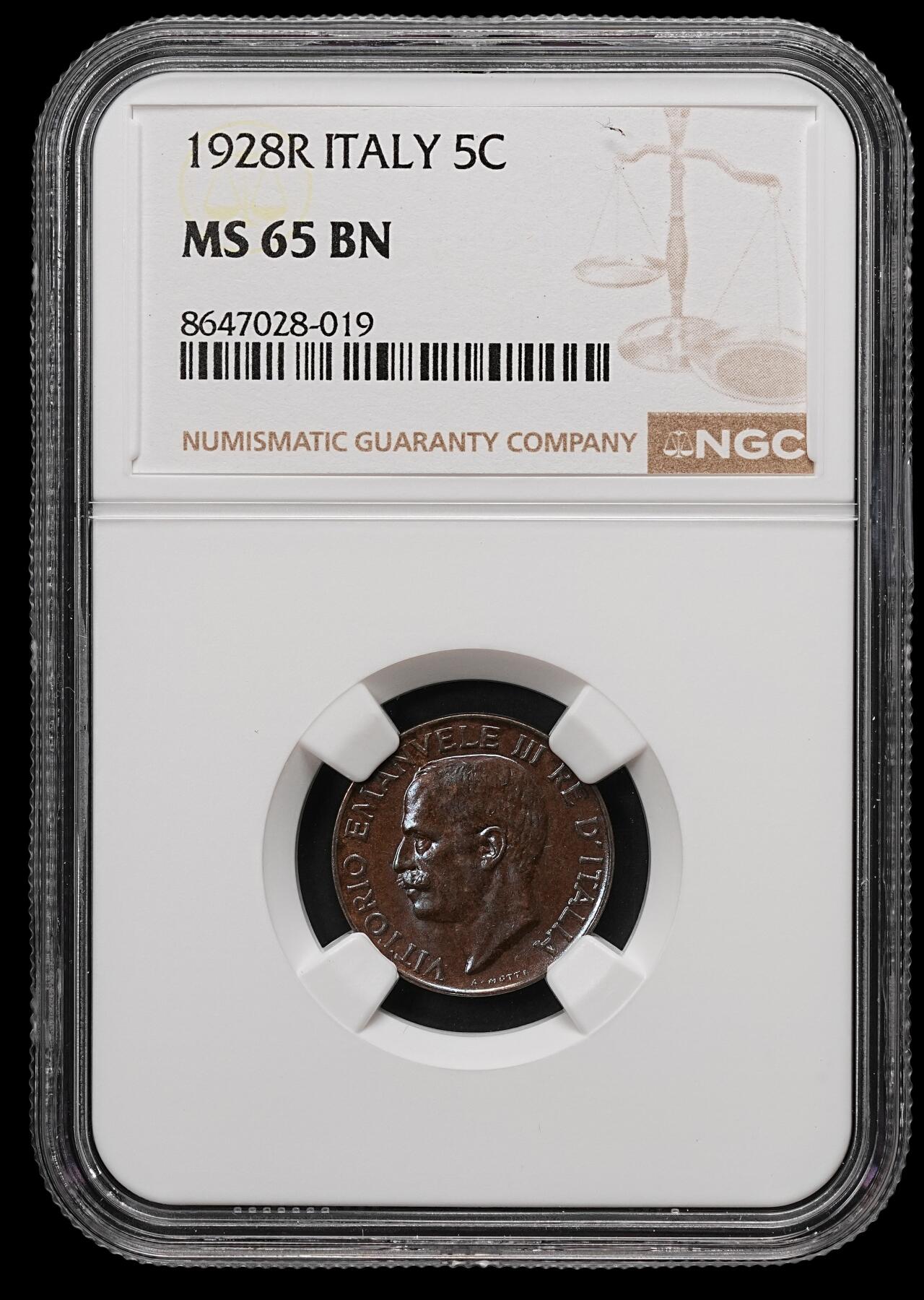修遠堂世界钱币第112期 NGC MS65BN 1928年意大利5分铜币，上期拍品，被鸽重拍