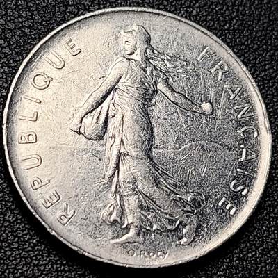 泉币菌-第229场-拍品多 请提前出价 法国早期（1973年）5法郎大镍币 29MM 播种女神 入欧前末版 绝版币