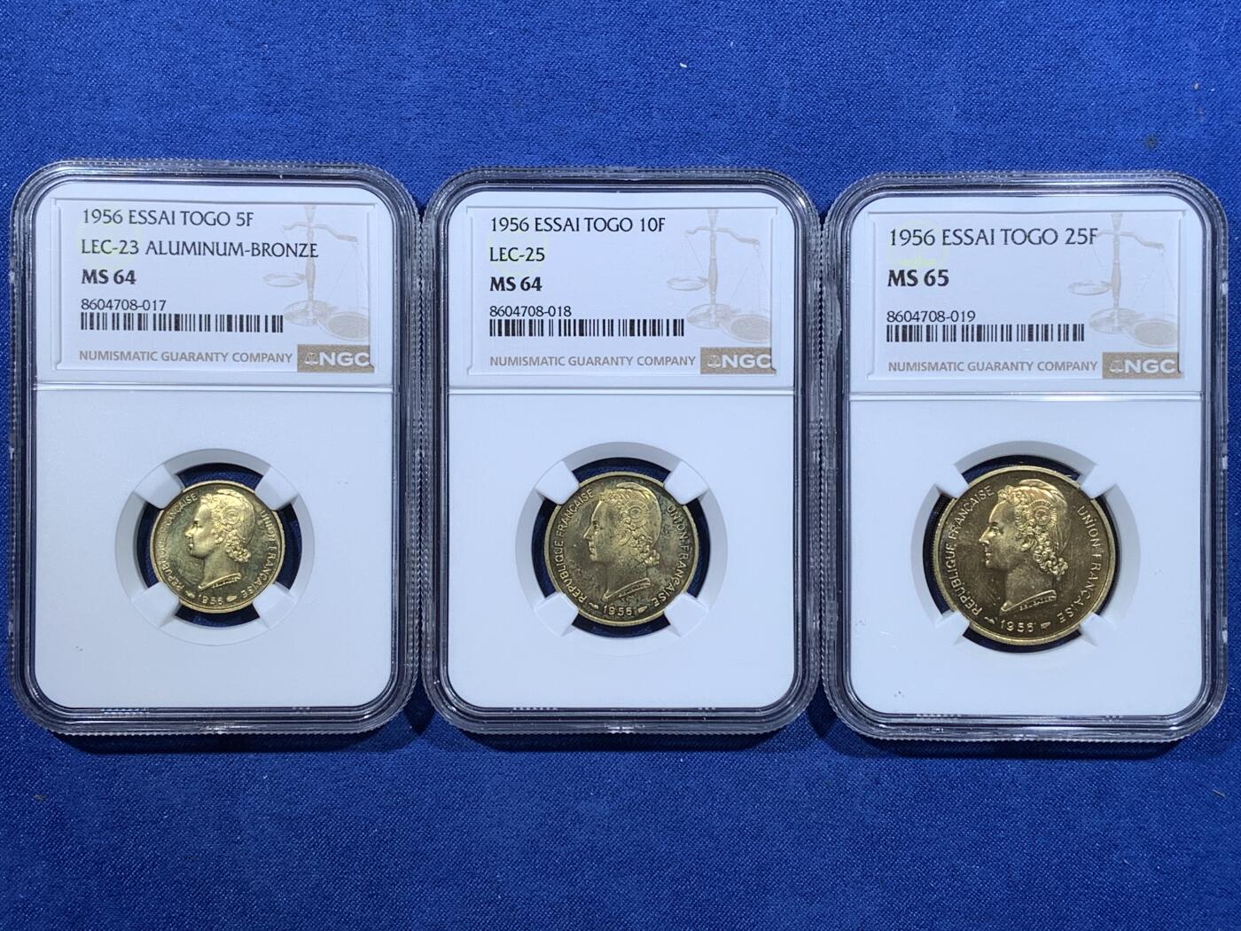 《竞宝斋》第481场 周日，周一 2场连拍 （全场包邮）20级店铺 欢迎送拍 三枚一组 NGC MS64-65 法属多哥 1956年 5/10/25法郎 ESSAI样币 统一高分状态
