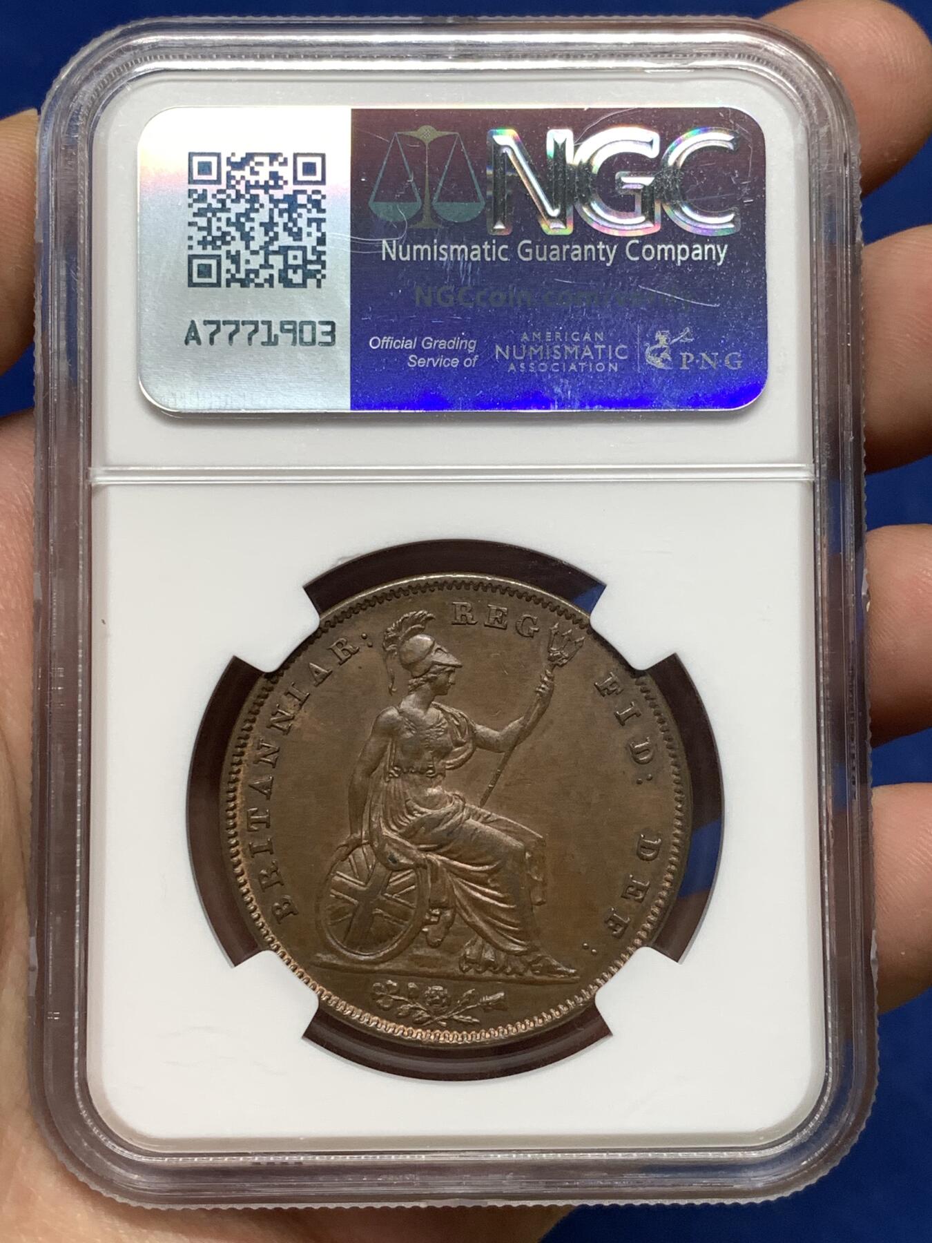 《竞宝斋》第481场 周日，周一 2场连拍 （全场包邮）20级店铺 欢迎送拍 NGC MS63BN 英国1841年小维年轻早期版1便士铜币