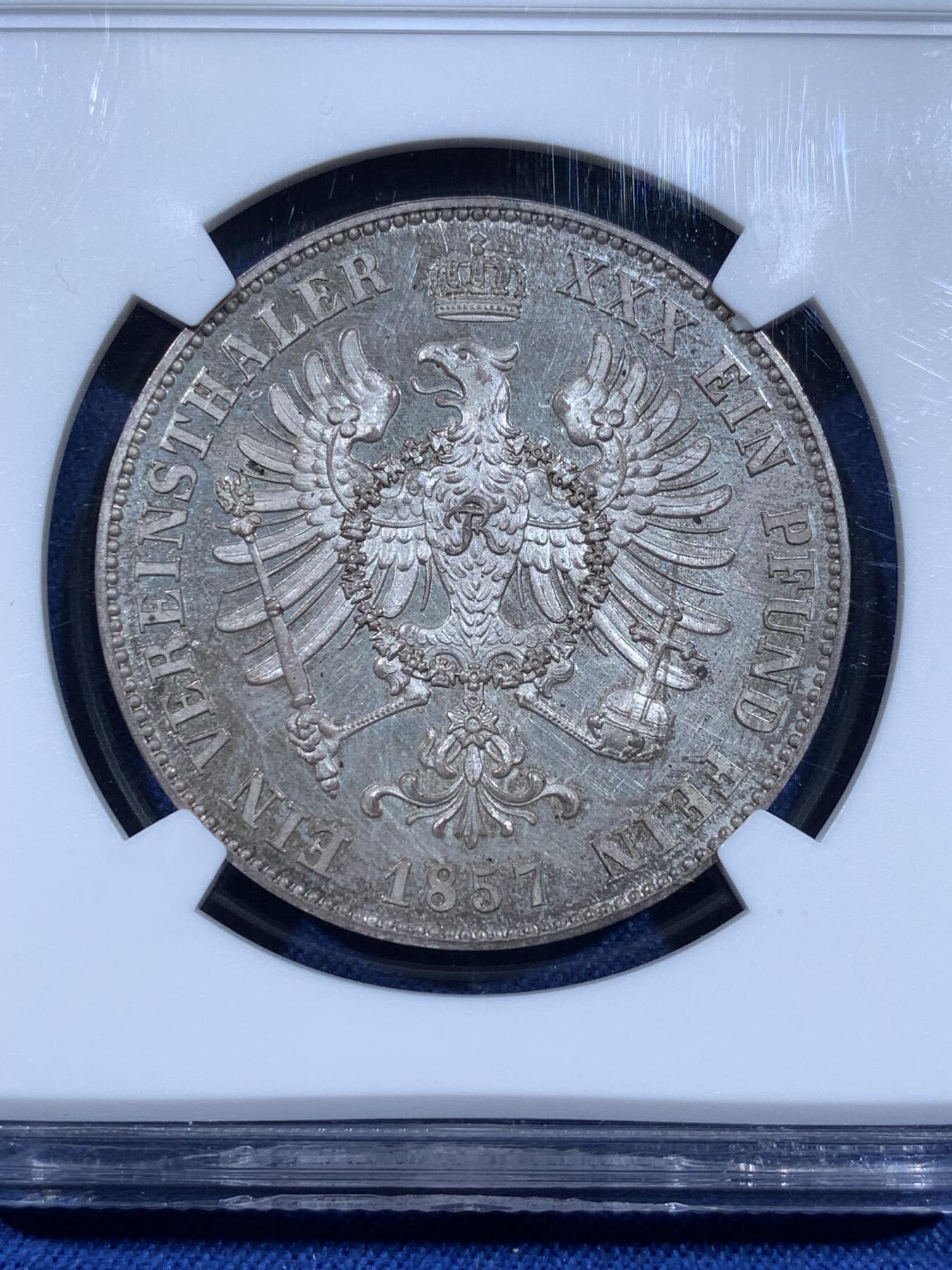 《竞宝斋》第481场 周日，周一 2场连拍 （全场包邮）20级店铺 欢迎送拍 唯一亚军分 NGC PF63CAMEO 德国1857A普鲁士威廉四世-洋葱头1泰勒离冠鹰银币 更高分仅1枚