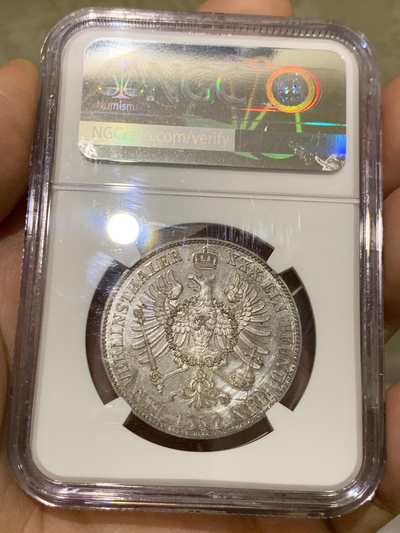 《竞宝斋》第481场 周日，周一 2场连拍 （全场包邮）20级店铺 欢迎送拍 唯一亚军分 NGC PF63CAMEO 德国1857A普鲁士威廉四世-洋葱头1泰勒离冠鹰银币 更高分仅1枚