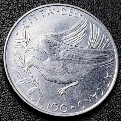 泉币菌-第229场-拍品多 请提前出价 原光极美 1971年梵蒂冈100里拉不锈钢硬幣 28mm 和平鸽橄榄枝 纪念币铜钱